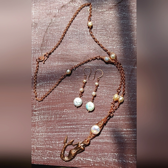 Mermaid Pendant Copper Jewelry Set Fresh Water Pearl Accents - Picture 10 of 16